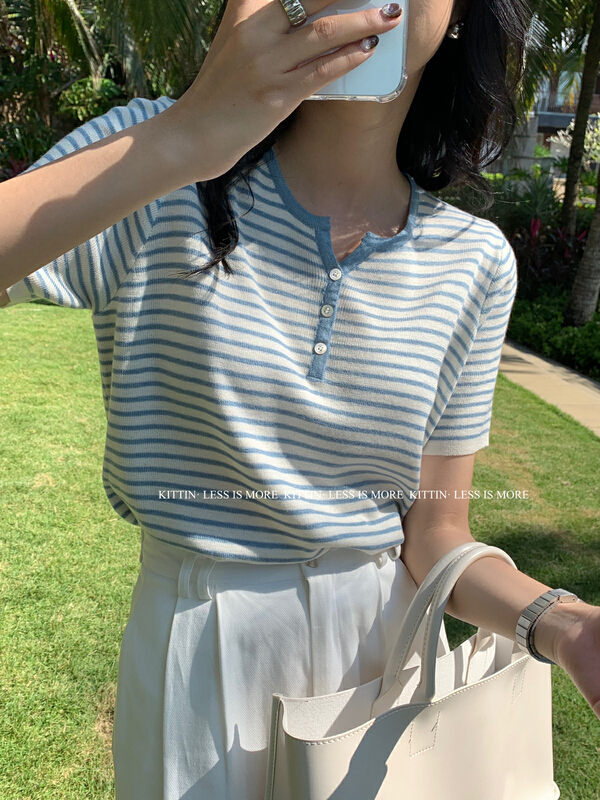 [Kittin] Korean fresh stripe knitted short sleeve T-shirt 102# L