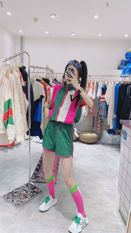 [Dani] Korean alphabet color matching Vest + Lace Up High Waist Shorts Set aj162# hyy