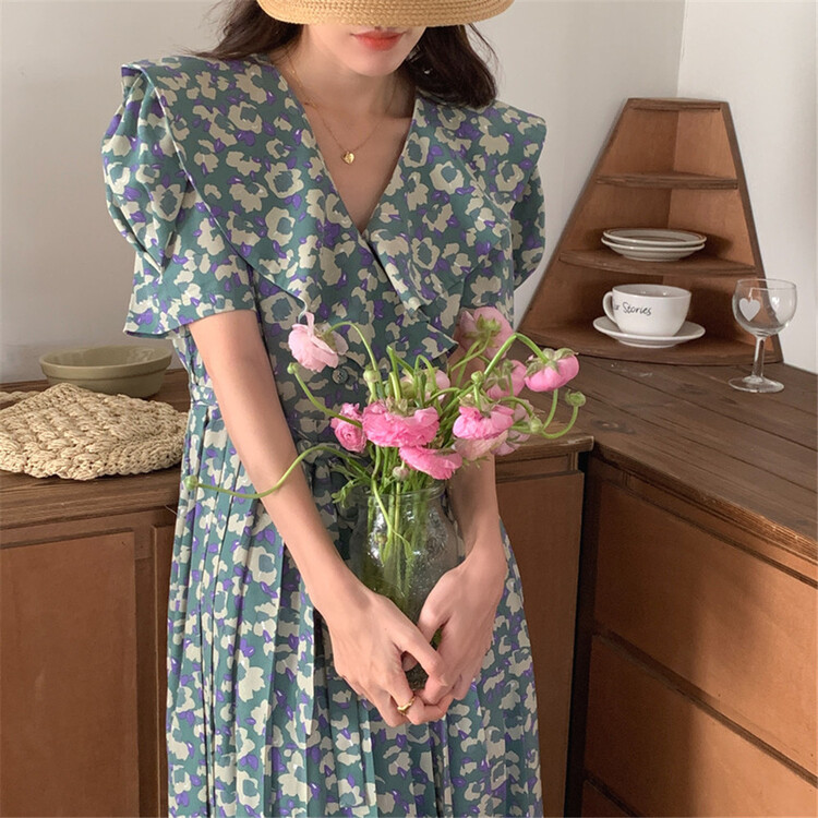 [Sumi] French style color contrast Printed Dress (with belt) 22580# zjy