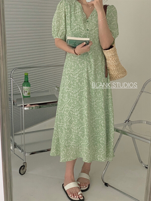 New in early summer! [blank] vintage fashion V-neck floral lace up dress 512307# WPL