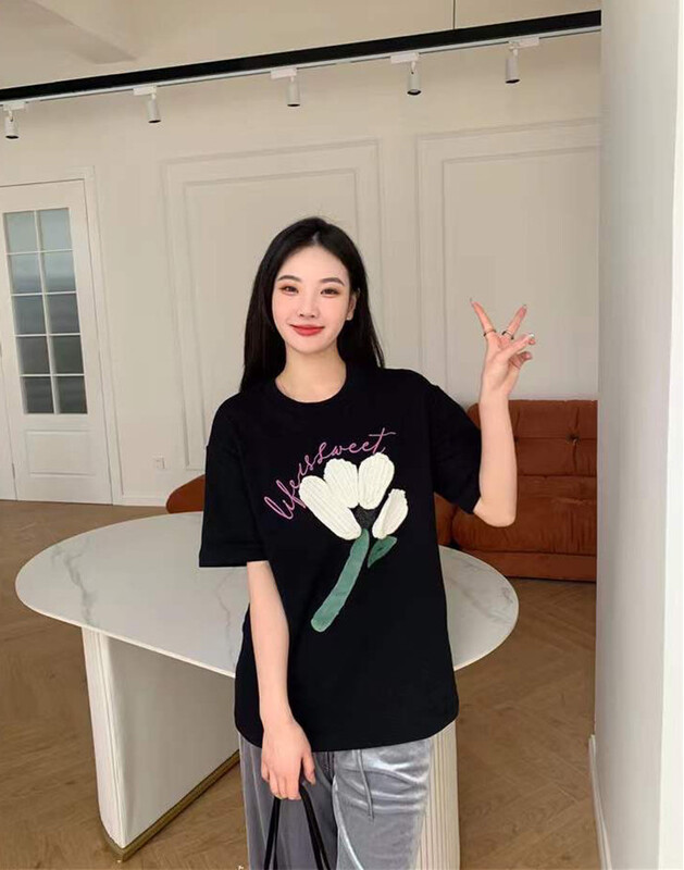 [Meet Rainbow] Korean wool flower sweet loose short sleeve T-shirt 08116# LSL