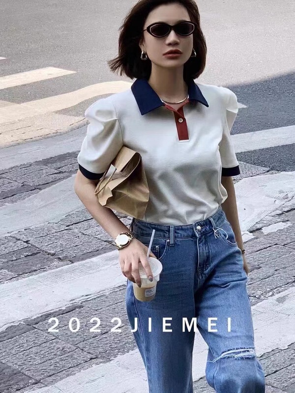 [Julia] color blocked collar fashion thin short sleeve T-shirt 963# PCZ