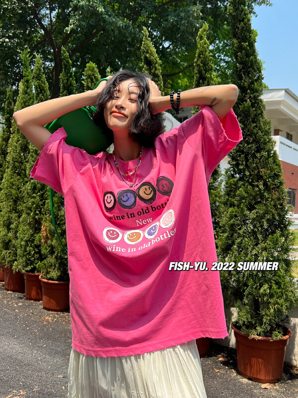 [fish Yu] three dimensional smiling face hot letter short sleeve T-shirt 22131# LSL