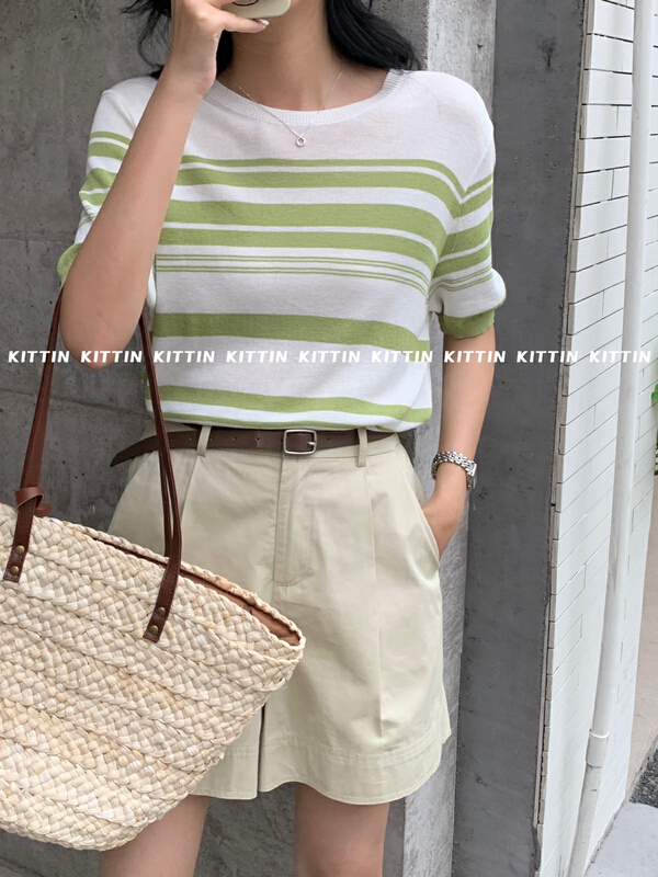 [Kittin] Korean stripe short sleeve sweater 171# XYY
