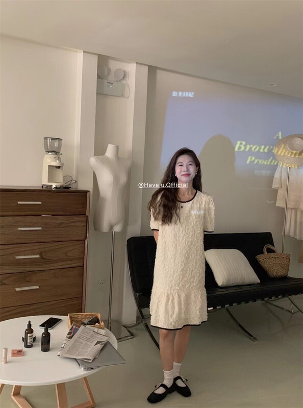 [buyer Yan Xuan have u] Korean color contrast edge loose bubble sleeve dress 1118# Cl