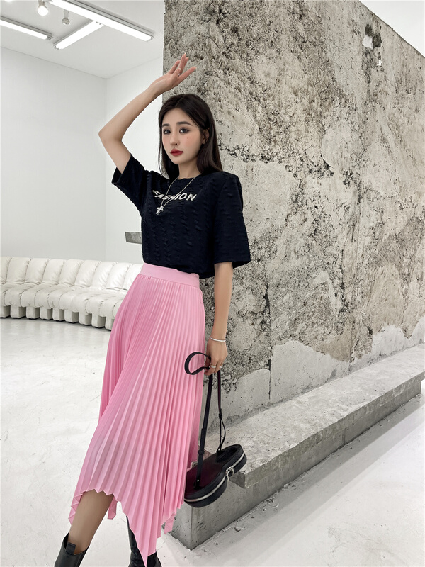 New year in early spring! [sk-11] pleated letter fashion short sleeve T-shirt ys1-009# XYJ