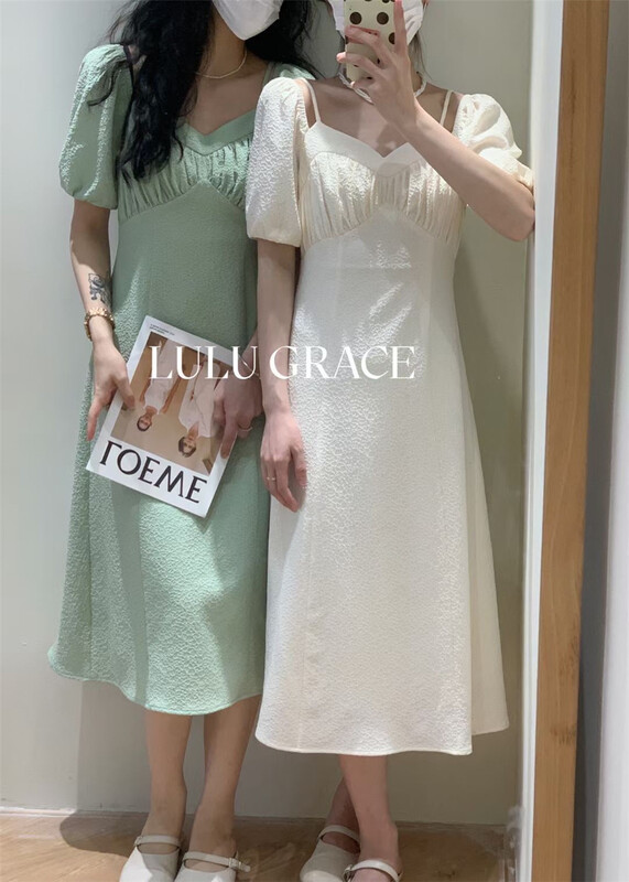 [Lulu grace] Korean version waist closing square neck bubble sleeve dress 6218# ZSY