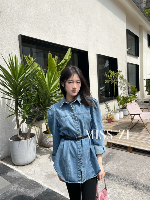 [miss Zi] Korean loose bubble sleeve denim shirt (with belt) c331# cqw