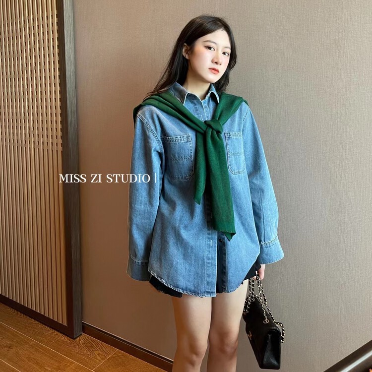 [miss Zi] Korean versatile casual denim shirt (with shawl) 2227# cqw