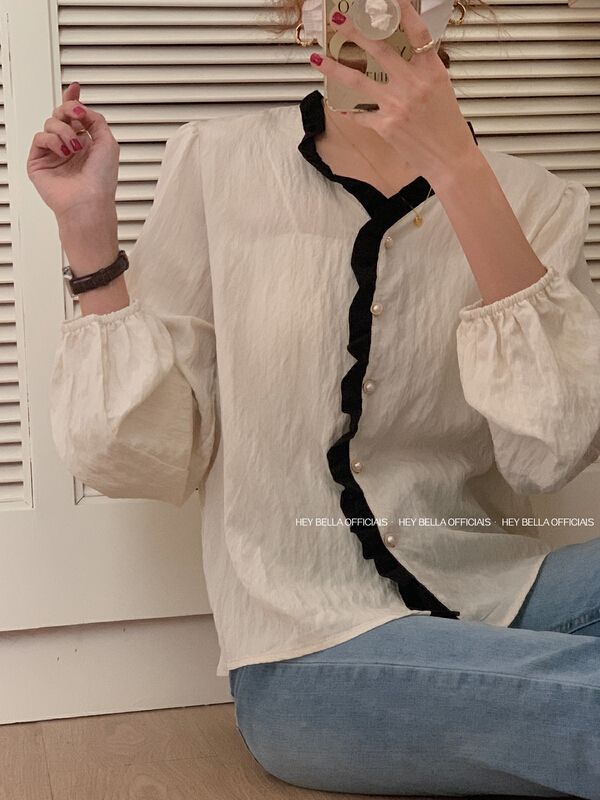 Original price 59.78! New year in early spring! [hey Bella] small fragrance V-neck single breasted shirt b22012# ll