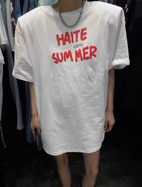 [wht] contrast letter shoulder pad loose short sleeve T-shirt ys1-4056# WTT