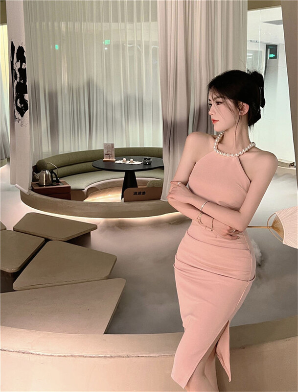 [DS +] little woman slim pearl chain dress 3190# JJ
