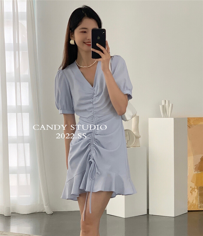 [candy] Korean V-neck drawstring sweet dress 3183# zjy