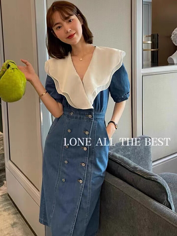 [L.L studio] French minority Ruffle stitched double row waist closing denim dress 7431# PCZ