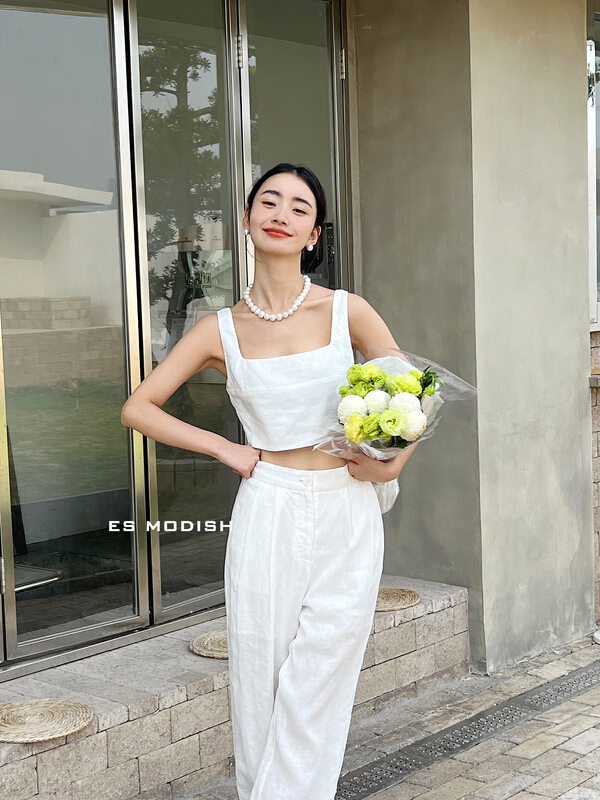 New in early summer! [es modish] Korean simple suspender Vest + loose wide leg casual pants set set1657# XYJ