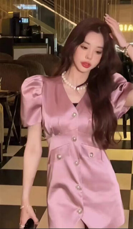 [half plain] V-neck simple single breasted slim dress 025# zjy