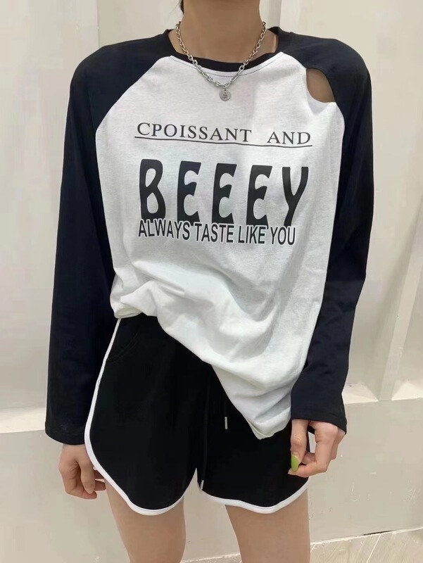 [an studio] Korean round neck letter long sleeve T-shirt + comfortable casual Shorts Set ys1-8780# ll
