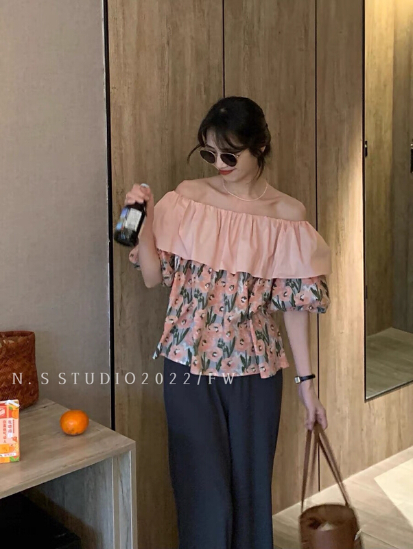 [N.S] Korean design feeling flounced leaf edge one line collar broken flower blouse 623# WPL