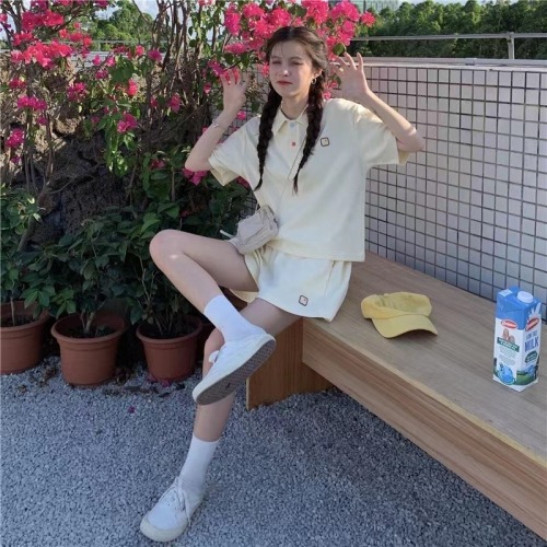 Official figure cotton leisure sports suit women's summer loose polo collar short sleeve T-shirt shorts two-piece set