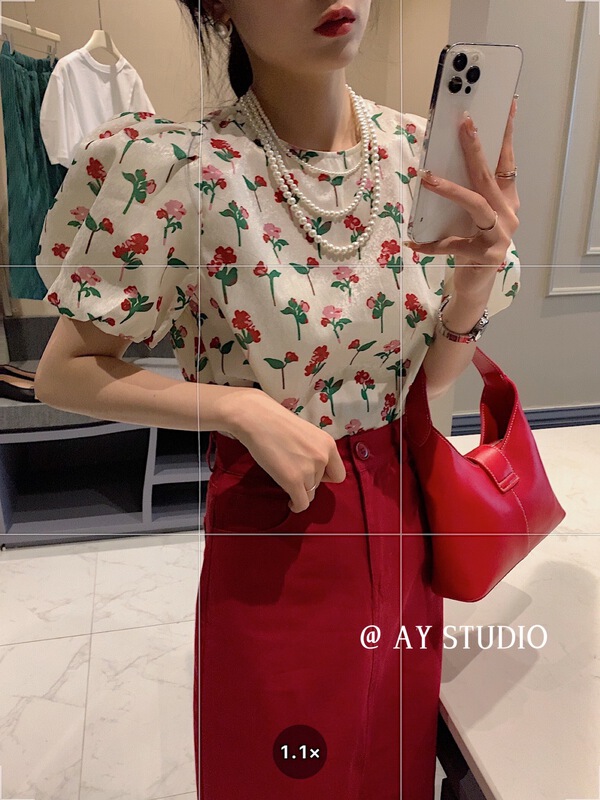 [ay studio] bubble sleeve Floral Chiffon Blouse 66787-1# zxx