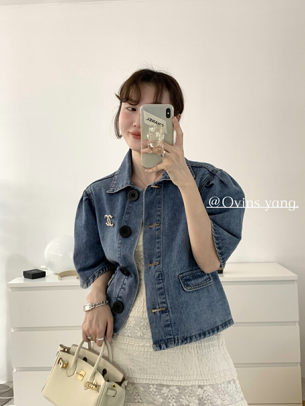 [ovinsyang] Korean bubble sleeve single breasted denim jacket 8631# WTT