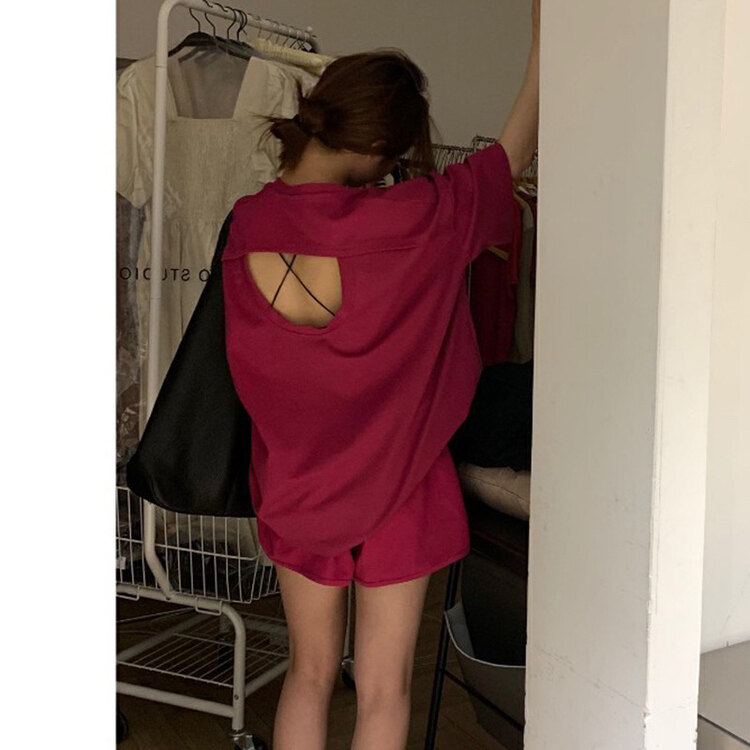 [x · h studio] fashion, foreign style, backless design, short sleeved T-shirt + casual Shorts Set 3018# ozq