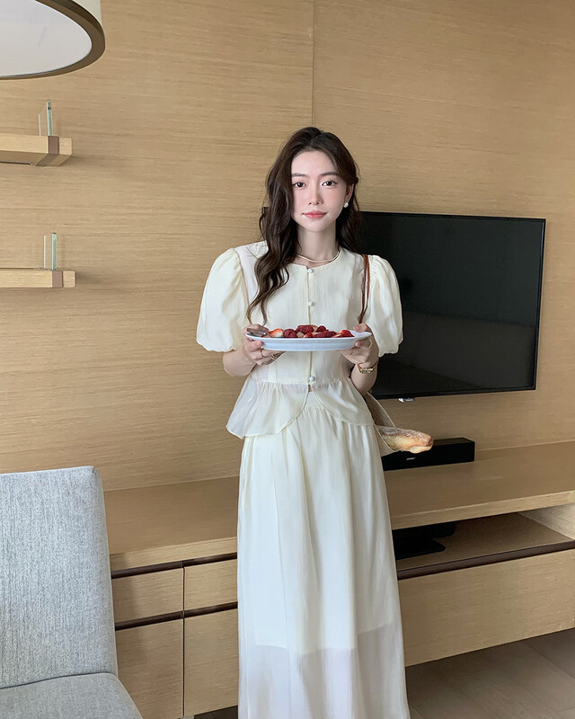 [Sumi] French temperament round neck bubble sleeve blouse + medium length skirt suit 22628# zjy