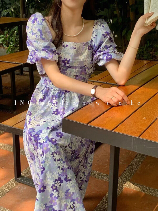 [ing] sweet retro square neck bubble sleeve Decor dress 9020# HBx