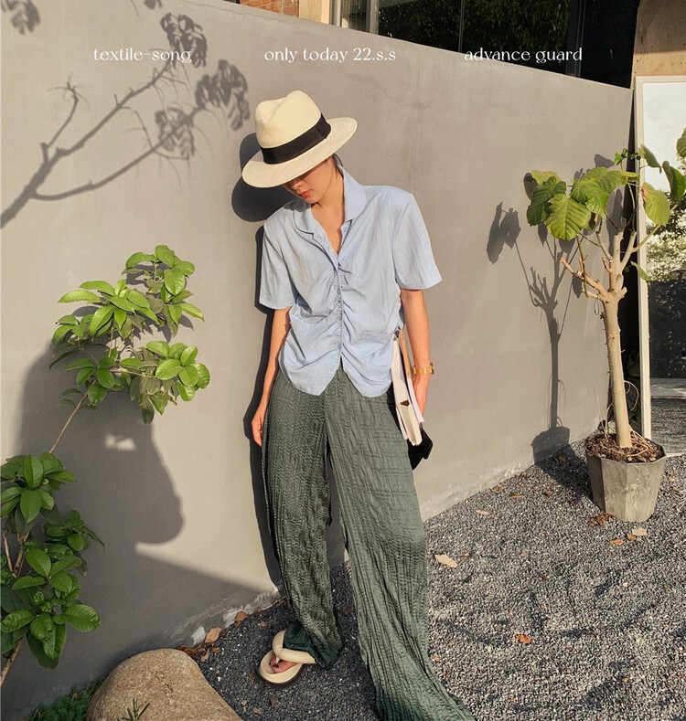 [TS] solid color pleated elastic waist casual pants ts606# cqw
