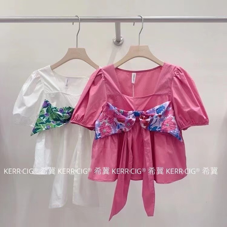 [CIG] Korean fake two-piece square neck short shirt 6098# zjy