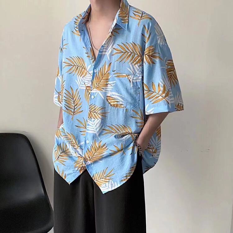 New in early summer! [oct.secisland] plant retro Hawaiian pendant texture men's and women's ins shirt ft373# PxQ