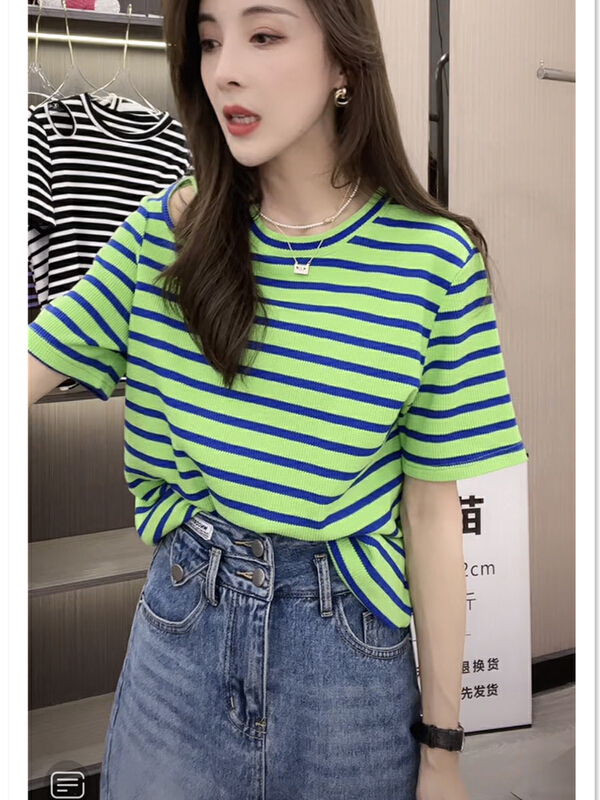 New in early summer! [jun.t] Korean version shoulder hollow stripe short sleeve T-shirt 5853# PCZ