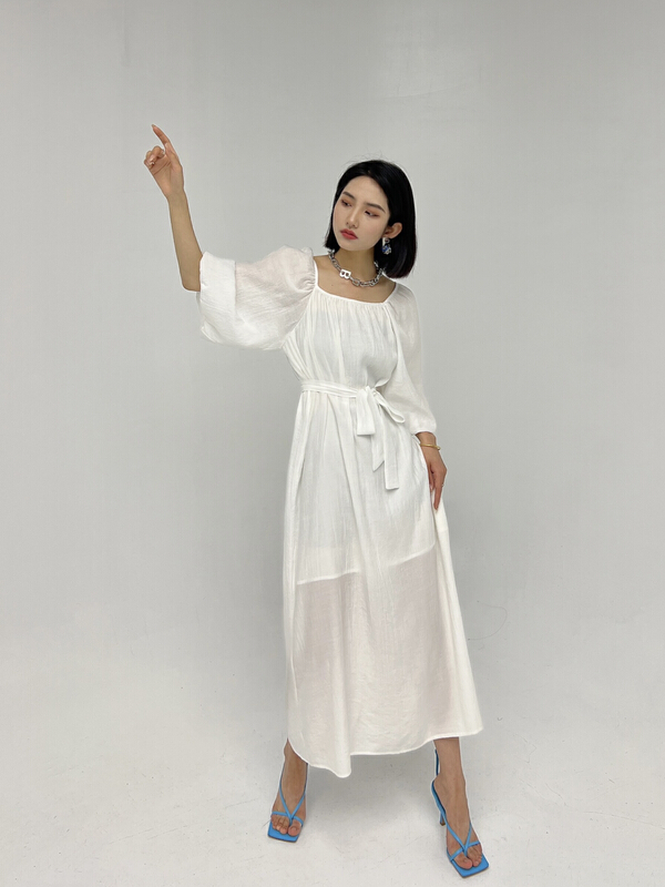 [d.two D2] fashion temperament square neck dress (with waist rope) 2203163# zxl