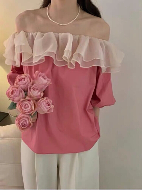 [rasion] layer upon layer Organza Ruffle color matching off shoulder cute doll shirt 8479# LSL