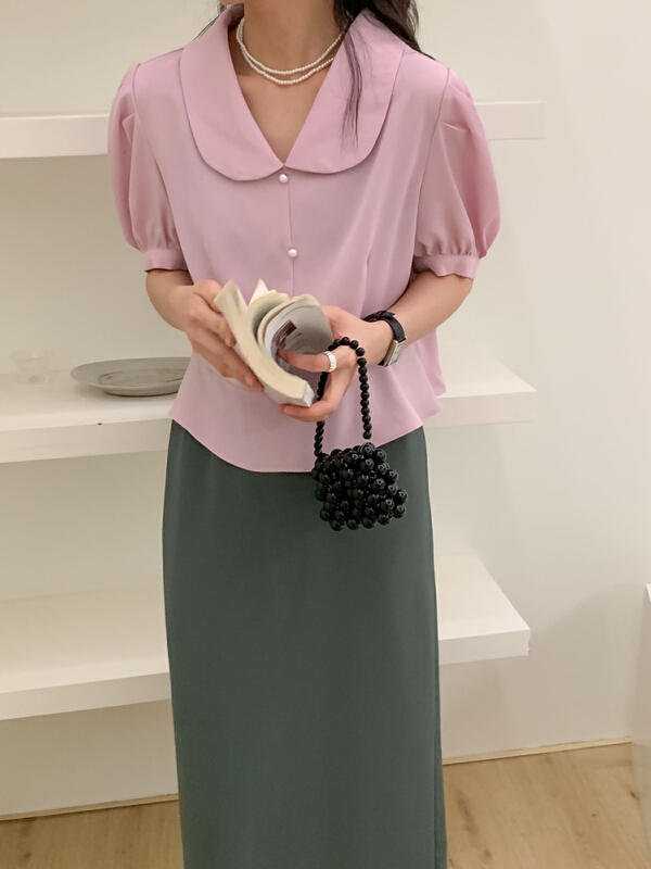 [Tn] simple doll neck versatile shirt c2468# cqw