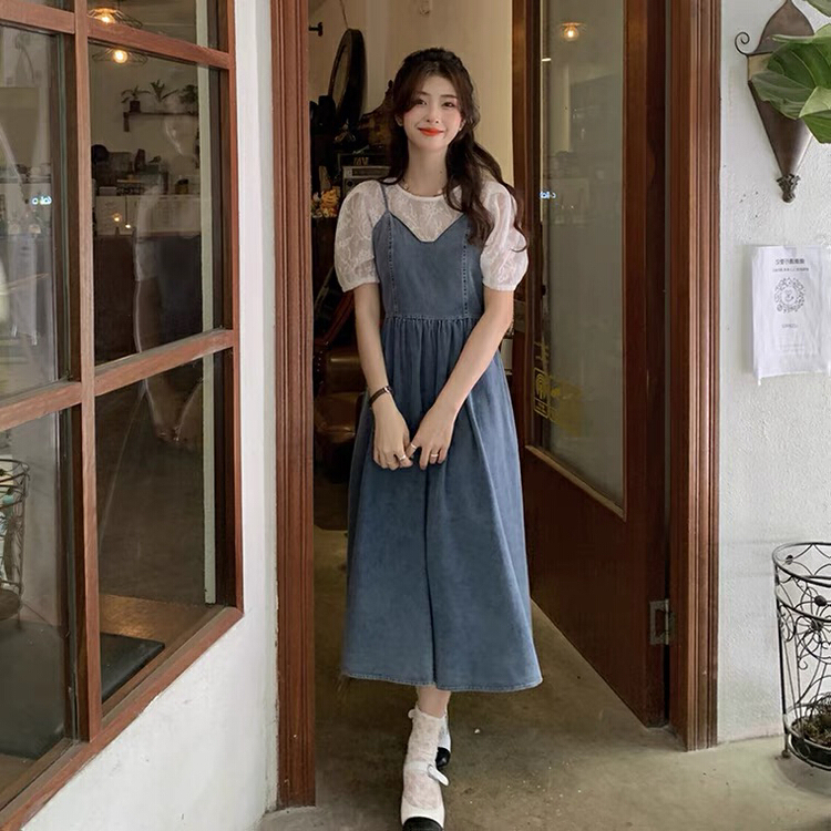 [Kiki studio] Korean casual denim suspender dress + Lace Top Set (only set) 5885# hjy