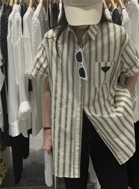 goods in stock! New in early summer! [Colle] Korean stripe contrast triangle loose shirt 6801# lwy