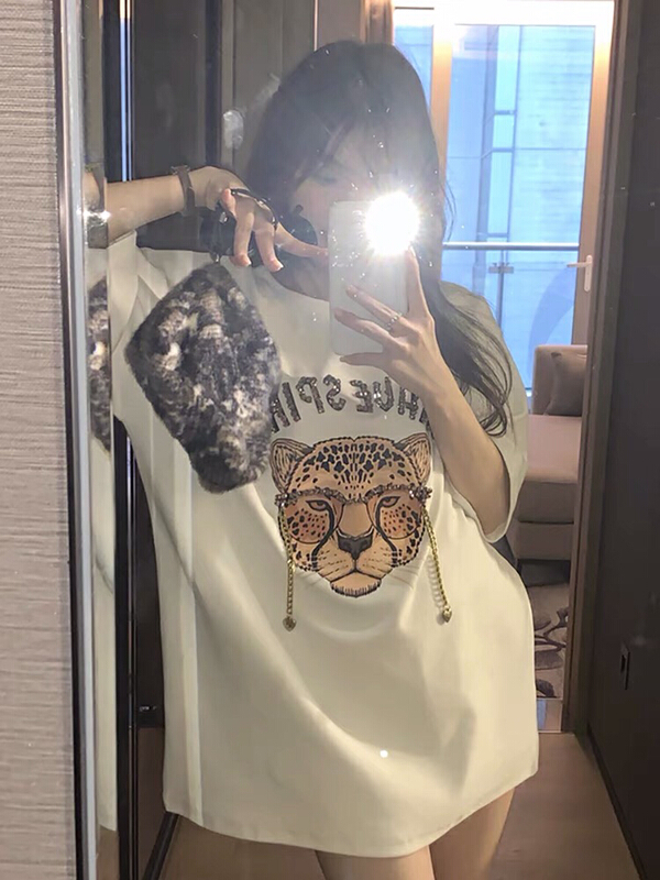 [Kiki] leopard head hand drill heavy industry short sleeve T-shirt 1236# ozq