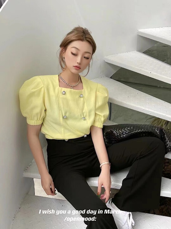 New in early summer! [open] square neck double row button solid color shirt 3570# ozq