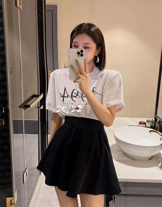 New in early summer! [Yan Zhen] simple and versatile letter short sleeve + Korean slim solid color skirt suit 65351# PCZ