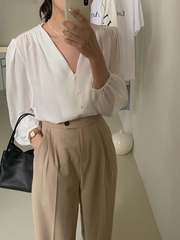 goods in stock! [wanna] Korean bubble sleeve V-neck shirt 98808# cqw