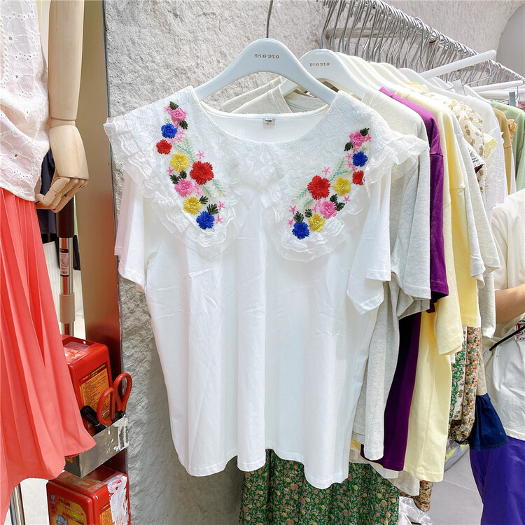New in early summer! [dodo] flower embroidery lace splicing short sleeve T-shirt ys2-838# zyh