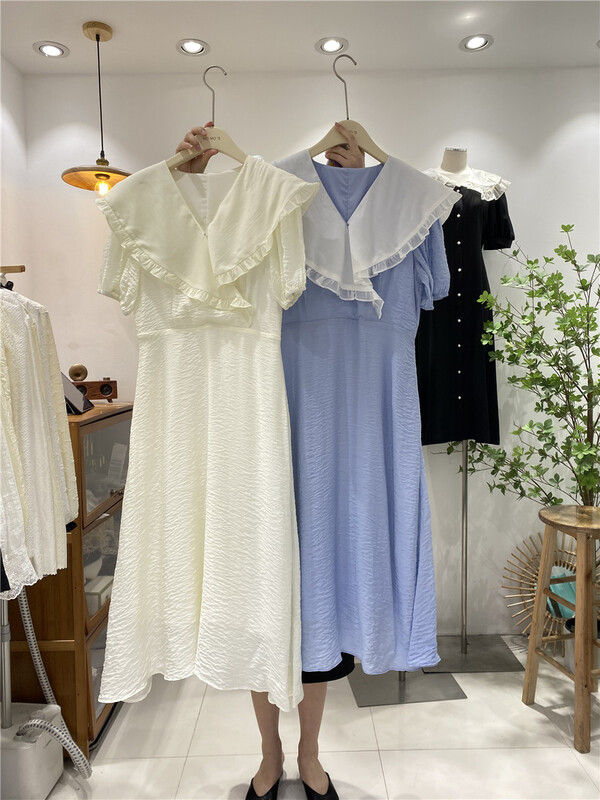 New in early summer! [sunny] Korean lady temperament large lapel color contrast dress 1911# hjy