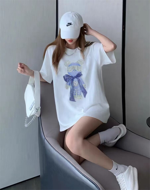 [Yi Ge Li] personalized and versatile cartoon pattern Beaded short sleeve T-shirt (with detachable bow) 1171# WPL