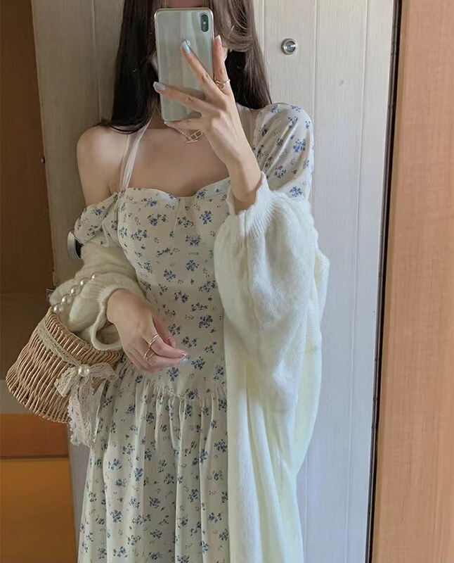goods in stock! New year in early spring! [are studio] design sense hanging neck square neck one shoulder floral dress 9697# WPL