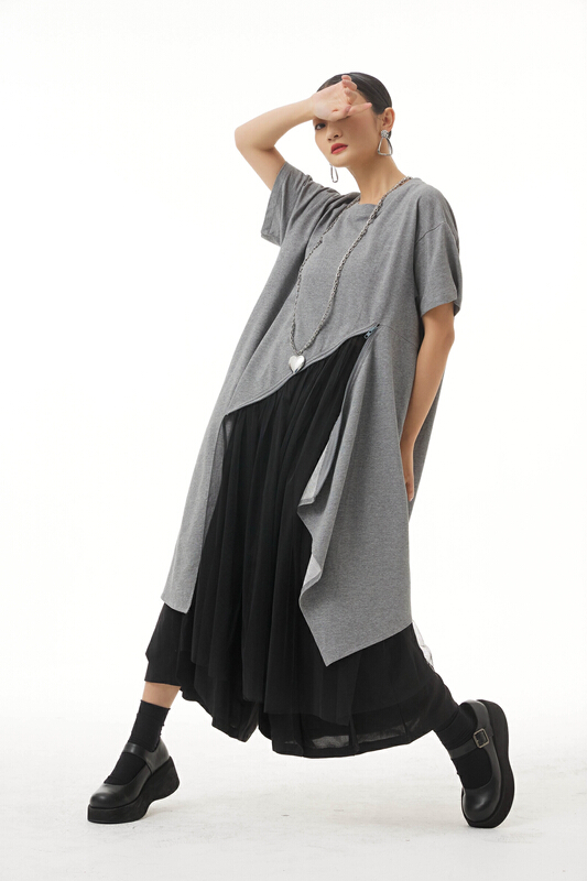 [cyard] round neck stitched mesh dress 90218# L