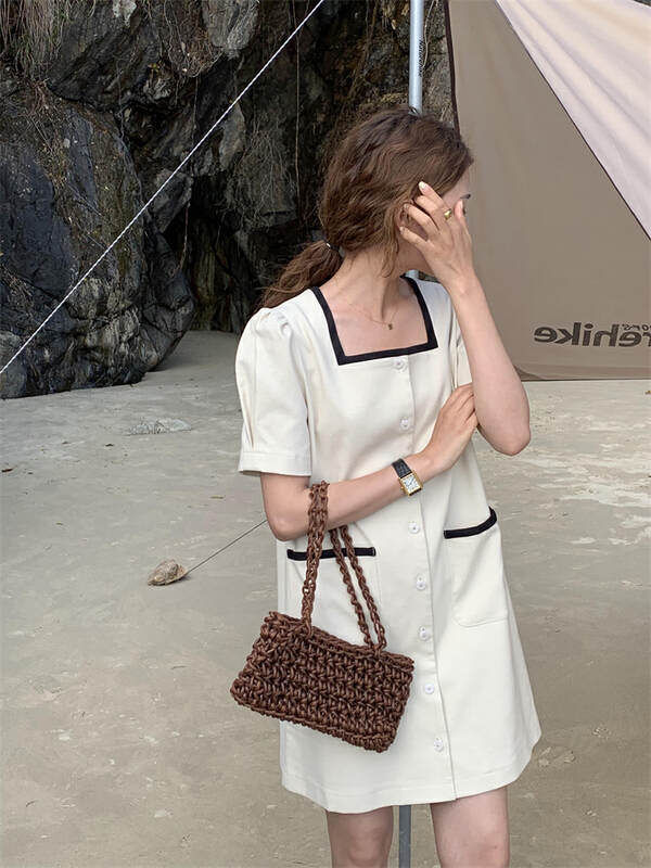 [about me] contrast color square collar and button dress 226407# cqw