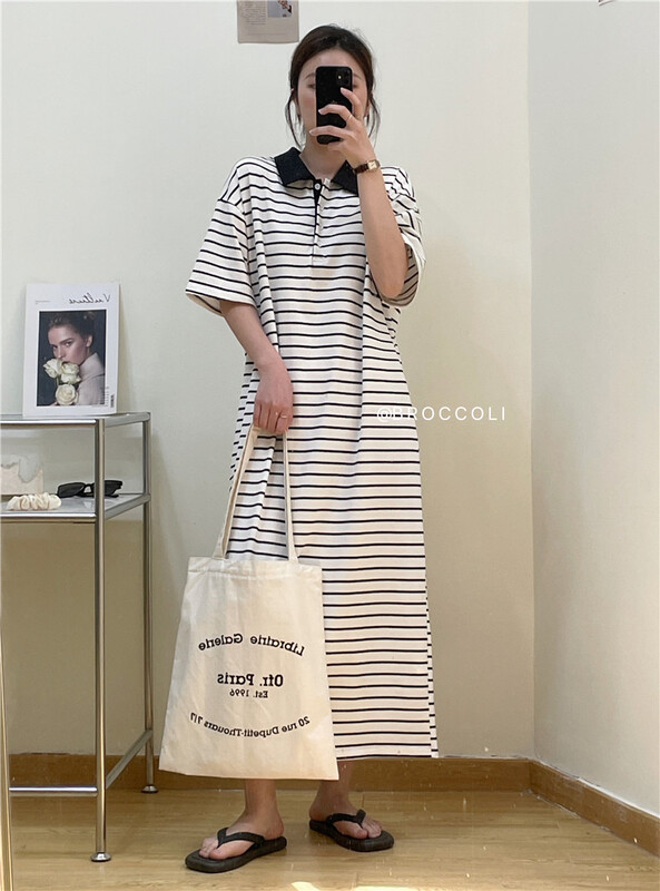 [broccoli] Korean polo collar short sleeve classic stripe dress 046# zjy