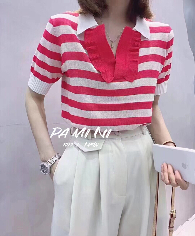 [pamini] sweet doll Lapel fungus edge ice stripe sweater 22131# Cl