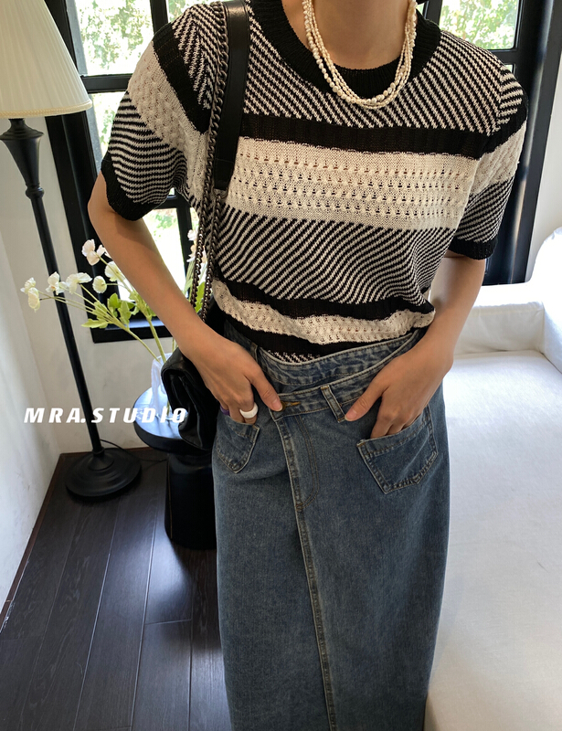 [MRA] stripe color contrast temperament knitted short sleeve T-shirt m1862# zxl